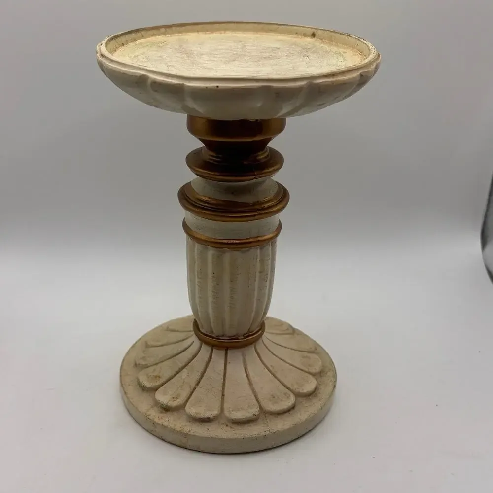 Cream and gold colored pillar candle pedestal French cottagecore VTG distressed